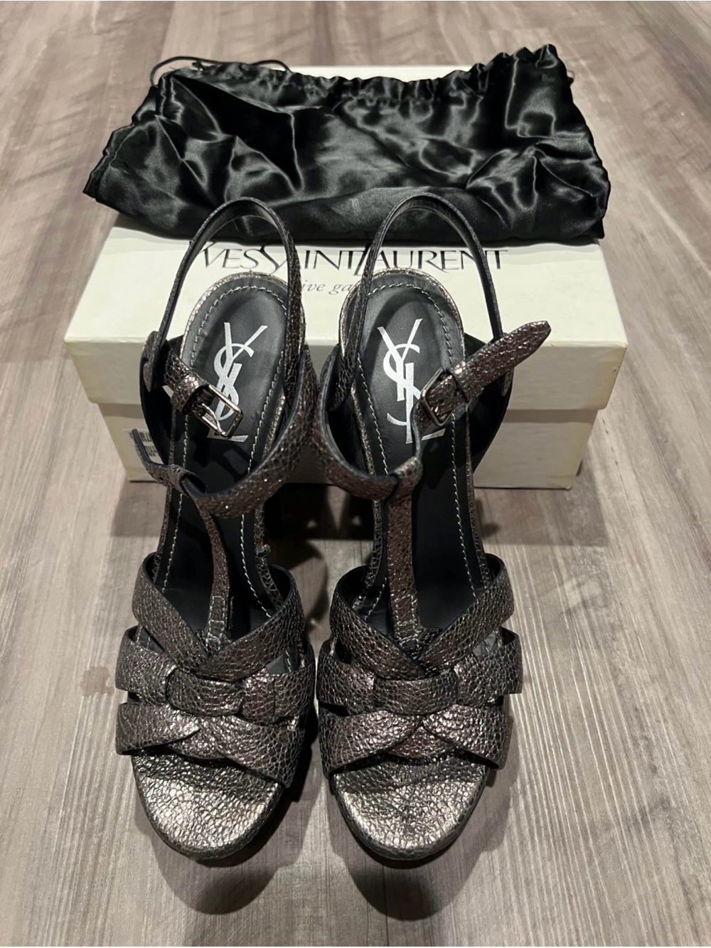 Saint Laurent Metallic Bronze Braided T-Strap Heels